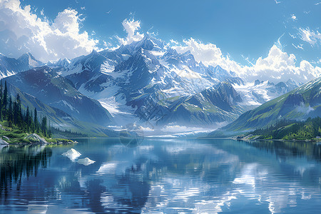 冰山倒影冰山湖畔美景插画