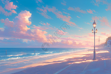 夕阳余晖海滩之景高清图片