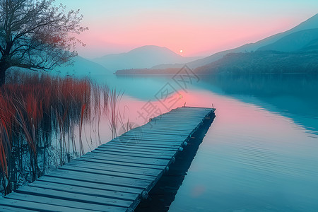 宁静湖畔湖畔夕阳下的宁静背景