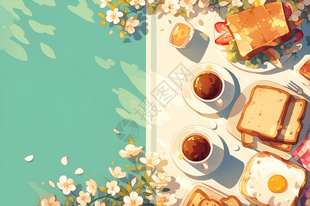 早餐食物和咖啡面包和咖啡搭配插画