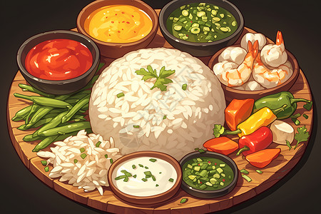 配菜丰盛多彩的蔬菜饭盘插画