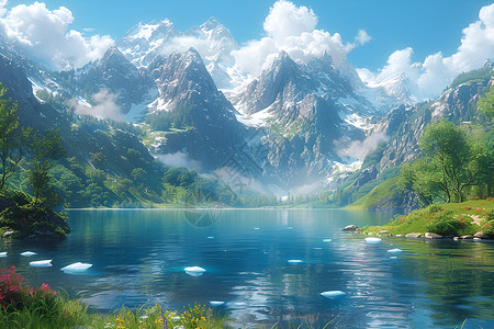 雪山下的湖泊背景图片