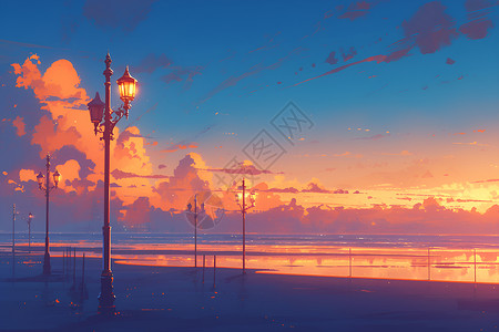 黄昏夕阳海滩上的路灯插画