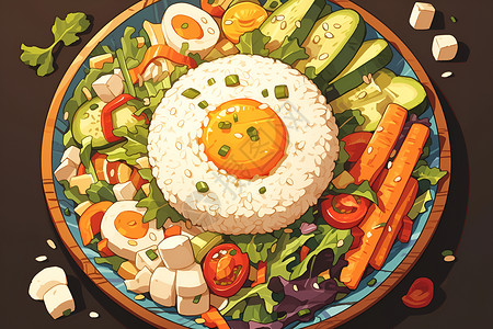 肉类拼盘美味的米饭和蔬菜拼盘插画