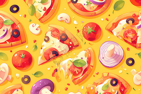 美味披萨展板五彩斑斓的披萨仙境插画