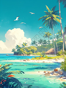 热带海岛悠然美丽的热带环礁插画