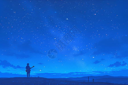 夜空下人在星空中弹奏吉他高清图片