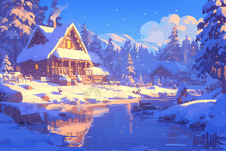 棚屋雪景中的温馨小木屋插画