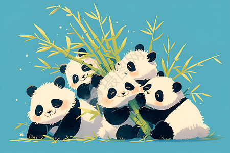 竹窗竹林间可爱熊猫插画