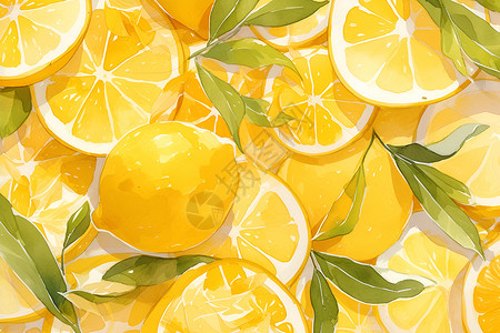 柠檬与新鲜叶子背景图片