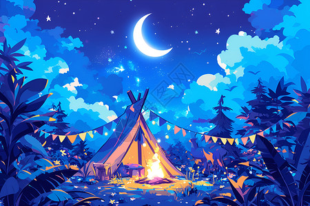 月亮下的篝火帐篷背景图片