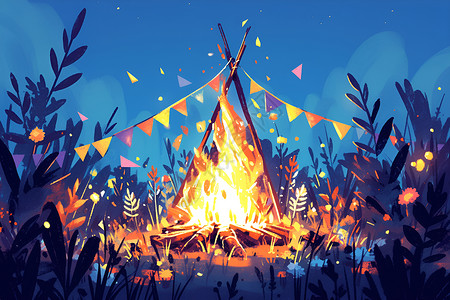 篝火帐篷上的彩旗背景图片
