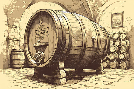 鲜葡萄展示的葡萄酒桶插画