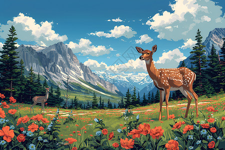 高山树林高山草地上的鹿插画