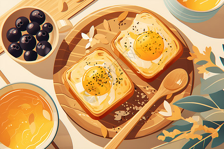 煎吐司鸡蛋水果面包插画