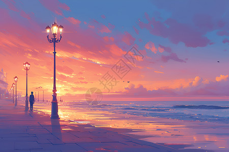 昏暗路灯夕阳余晖的海滩插画
