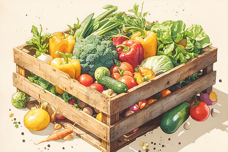 木箱新鲜的绿色蔬菜插画