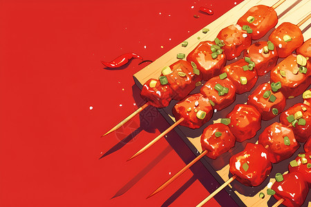 中式烤肉串和辣椒背景图片
