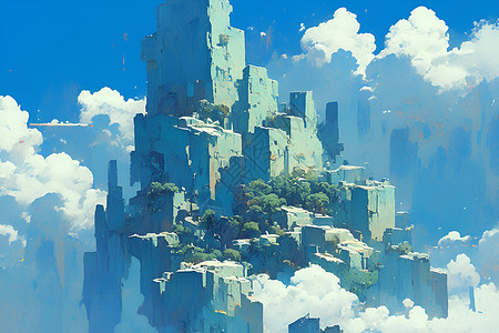 空中交通管制岩石天空中的梦幻城堡插画