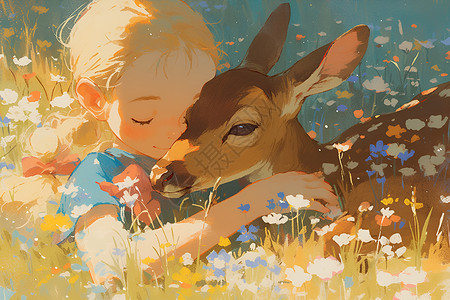 花丛中的女孩和小鹿插画
