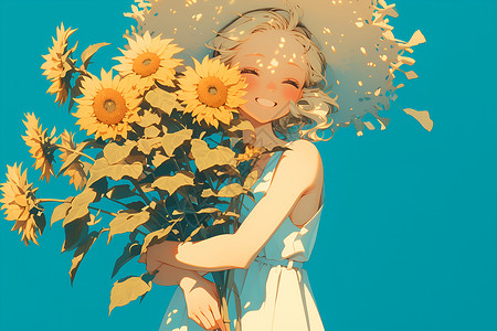 女孩抱着一束向日葵高清图片
