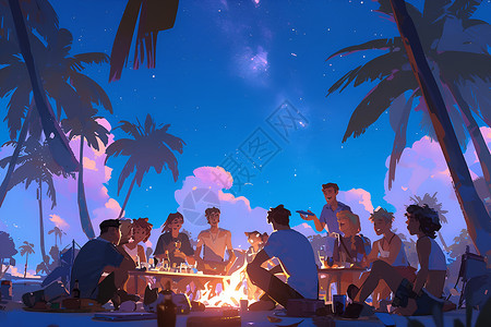 篝火边的朋友聚会背景图片