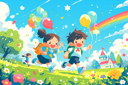 在跑步的孩子孩子在草丛里快乐奔跑插画