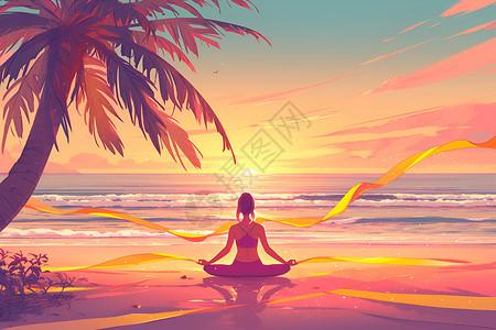 夕阳下的瑜伽女性背景图片