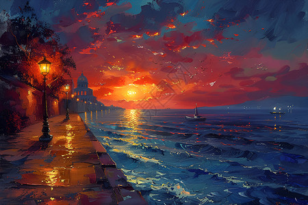 夕阳余晖下的海面背景图片