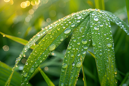 丝丝细雨水滴在叶子上背景