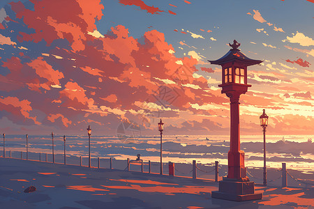 日落时分的余晖照亮沙滩街灯背景图片
