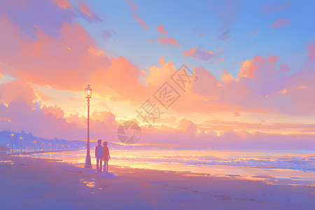 沙滩海洋夕阳余晖下的人们插画