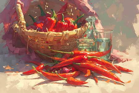桌面蔬菜红辣椒与中的水插画