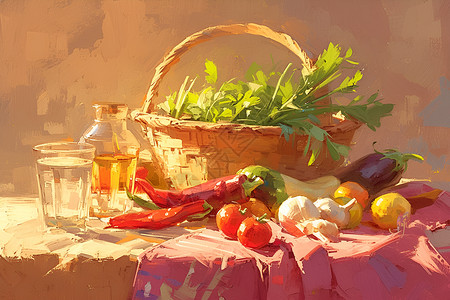 桌面蔬菜餐桌上的红辣椒和蔬菜插画