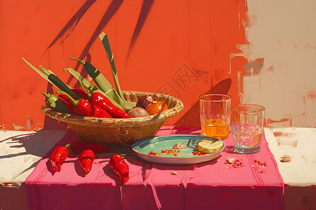 桌面水杯桌子上的红辣椒篮子插画