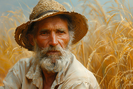 老人胡子农夫与黄金麦田背景