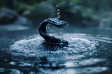 细雨水滴中有一条蛇雕塑背景