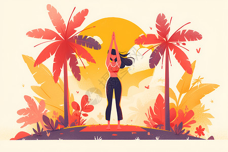 女子在棕榈树下练习瑜伽背景图片