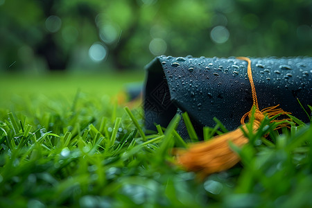 毕业荣耀的展示湿雨中一把带有流苏的雨伞躺在绿草上高清图片