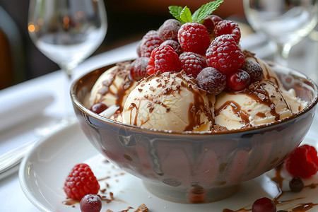 甜蜜美食美味的冰淇淋和浆果背景