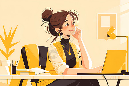 简洁工作女性在桌子前坐着使用笔记本电脑插画
