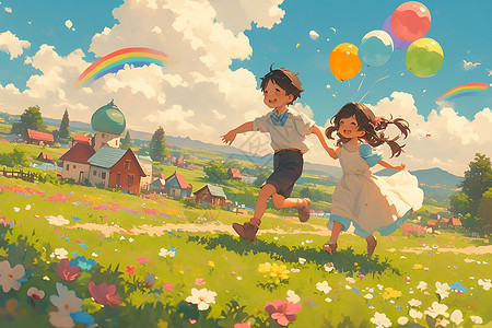 快乐奔跑在草坪上的孩子们背景图片