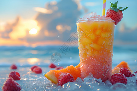 草莓杯子冰激凌冰镇的水果饮料背景