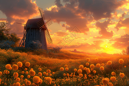 阳光下的美景金色阳光下映衬美丽田野风车插画