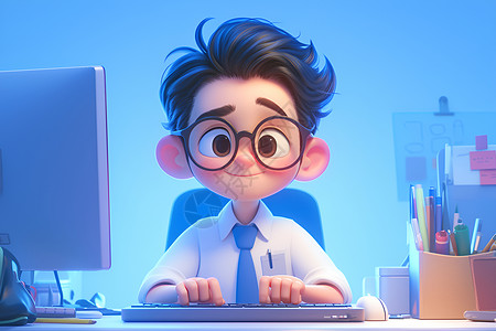 电脑男戴着眼镜的男职员插画