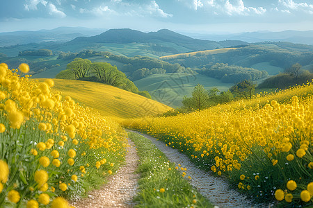 美丽油菜花金黄油菜花绵延起伏背景