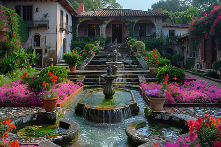 彝族风情乡村别墅里的喷泉背景