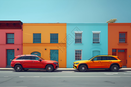 橙色汽车城市之中的车辆插画
