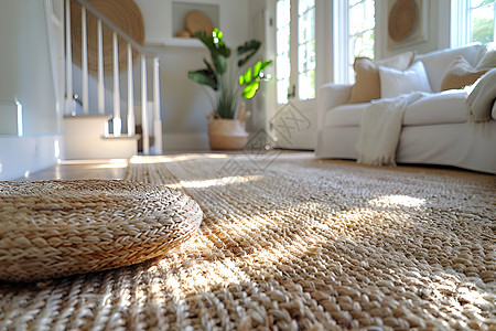 客厅麻绳编织的地毯背景图片