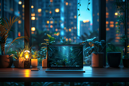 桌上的盆栽夜晚桌上的电脑背景